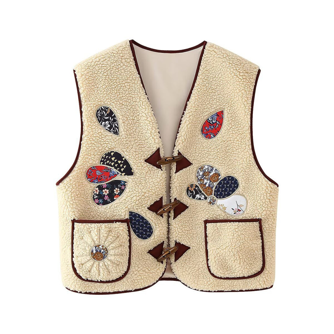 Ladies Padded Teddy Vest with Patchwork Applications and Toggle Closures Amarae