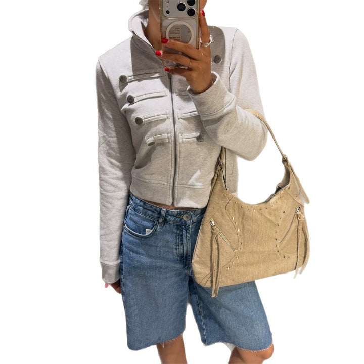 Women Short-Cut Sweat Jacket in Military Look with Stand-Up Collar Amarae