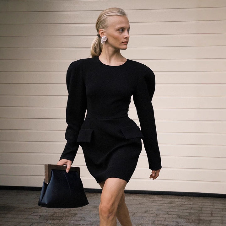 Women Tailored Minidress with Structured Shoulders, Long Sleeves and Suggested Peplum Amarae