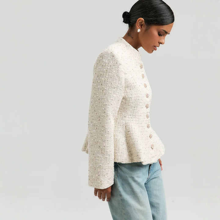 Women's Boucle Blazer with Stand Collar and Fitted Peplum Silhouette Amarae
