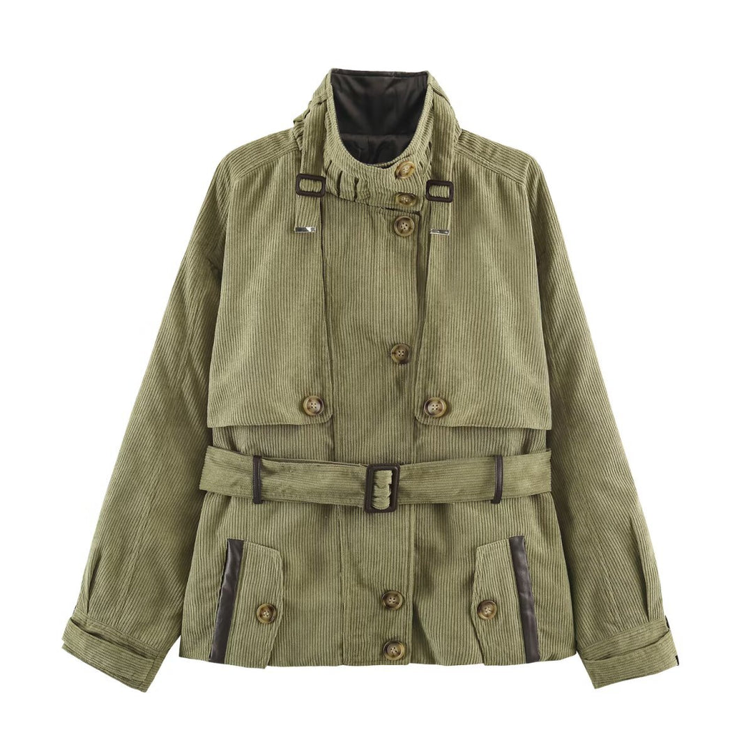 Women's Cord Field Jacket with Waist Belt and Stand-Up Collar Amarae