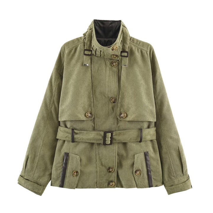 Women's Cord Field Jacket with Waist Belt and Stand-Up Collar Amarae