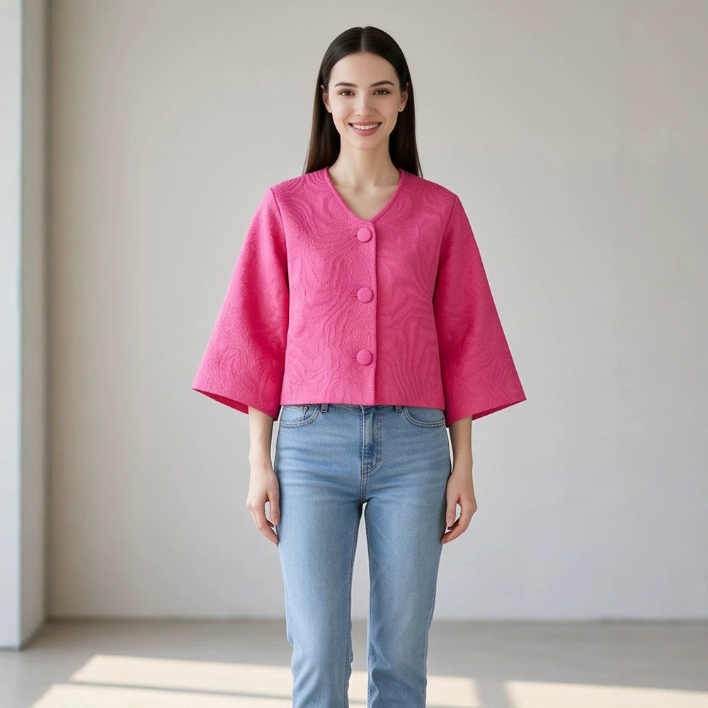Women short-cut structured jacquard jacket with round neck & large fabric buttons Amarae