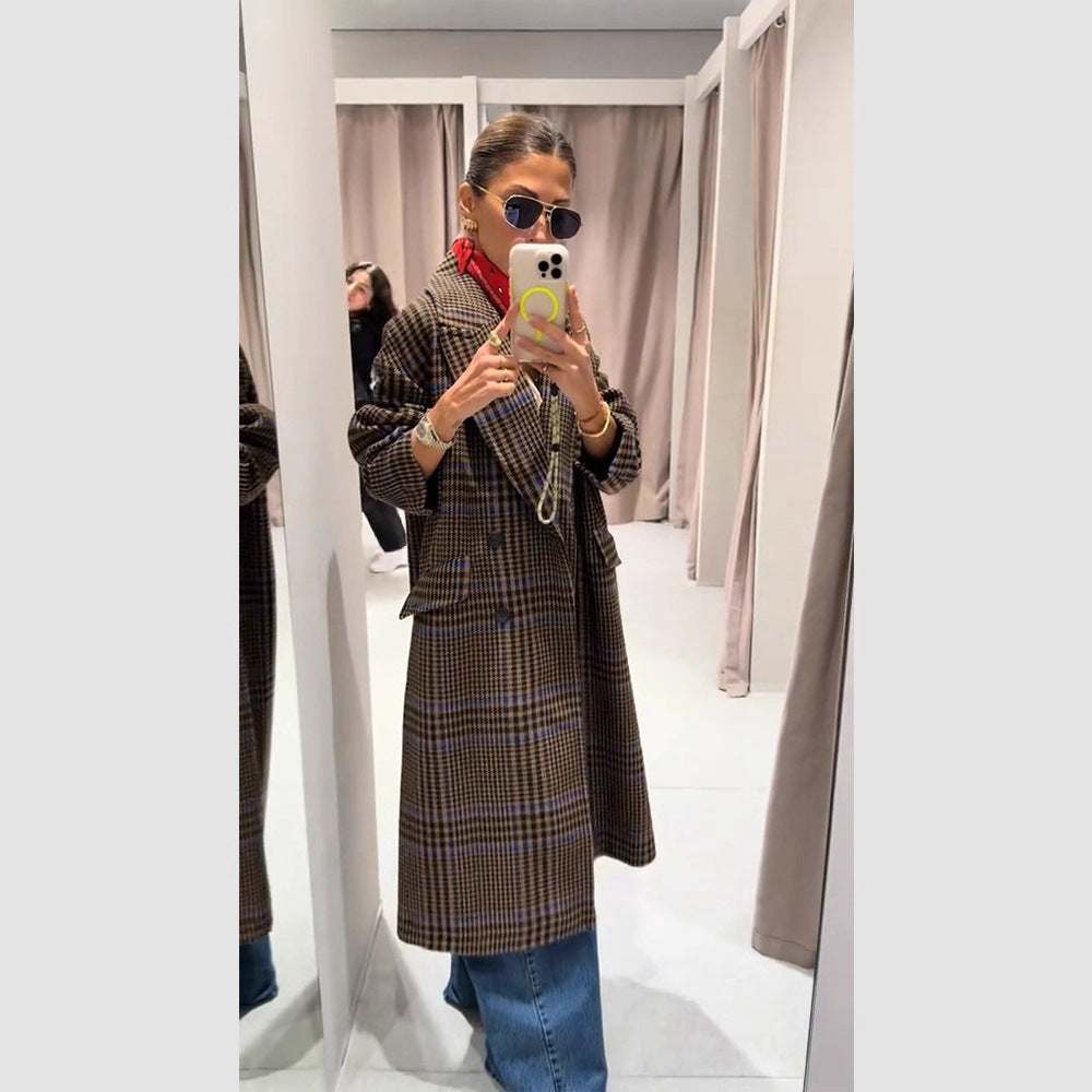 Women Maxilength Oversized Double-Breasted Coat with Emphasized Shoulder and Flap Pockets Amarae