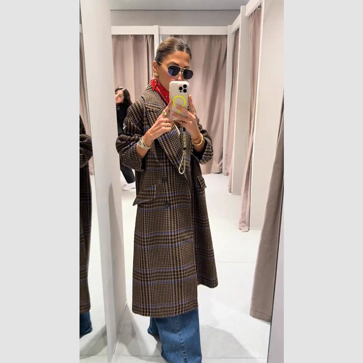 Women Maxilength Oversized Double-Breasted Coat with Emphasized Shoulder and Flap Pockets Amarae