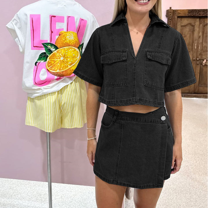Women’s stylish denim crop top and skirt set Lune London