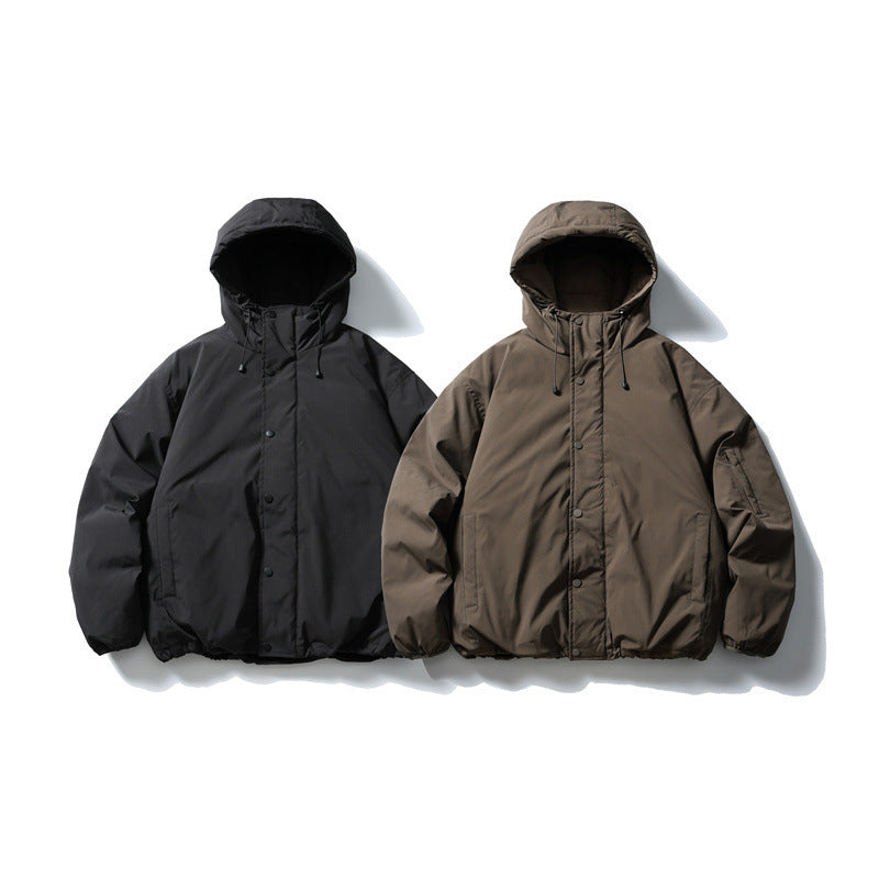 Unisex Boxy padded hoodie jacket with drawstring, snap button placket, and arm pocket Amarae