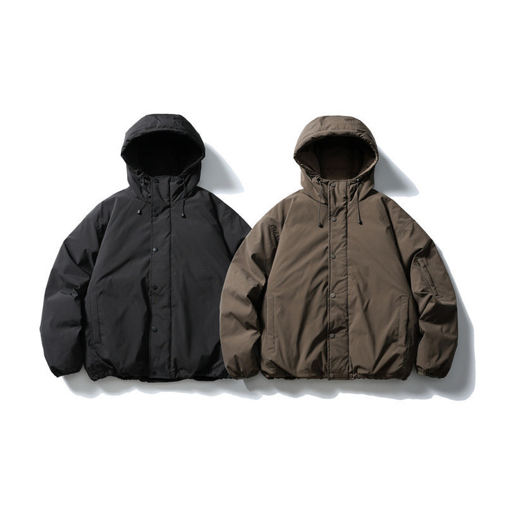 Unisex Boxy padded hoodie jacket with drawstring, snap button placket, and arm pocket Amarae