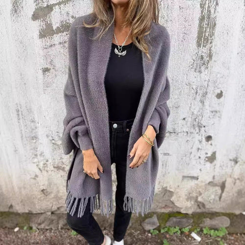 Women's Cozy Knit Poncho with Fringes Amarae