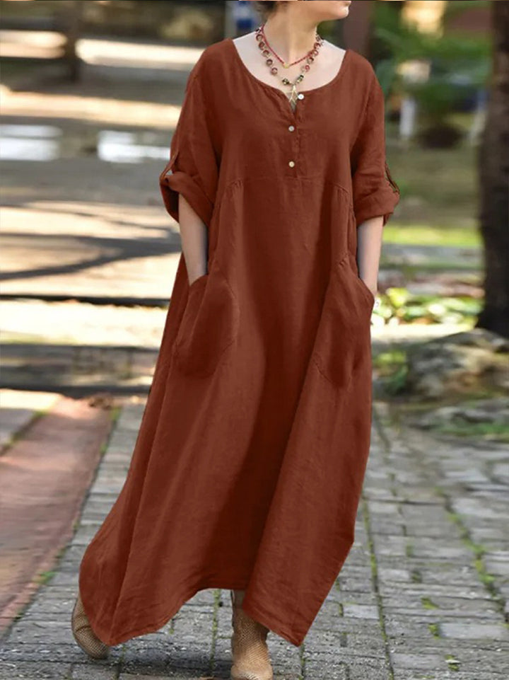 Long dress for women with button details and practical pockets Lune London