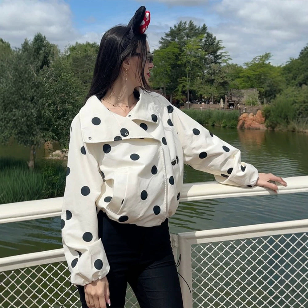Women's cropped bomber jacket with oversized shawl collar and polka dot print Amarae