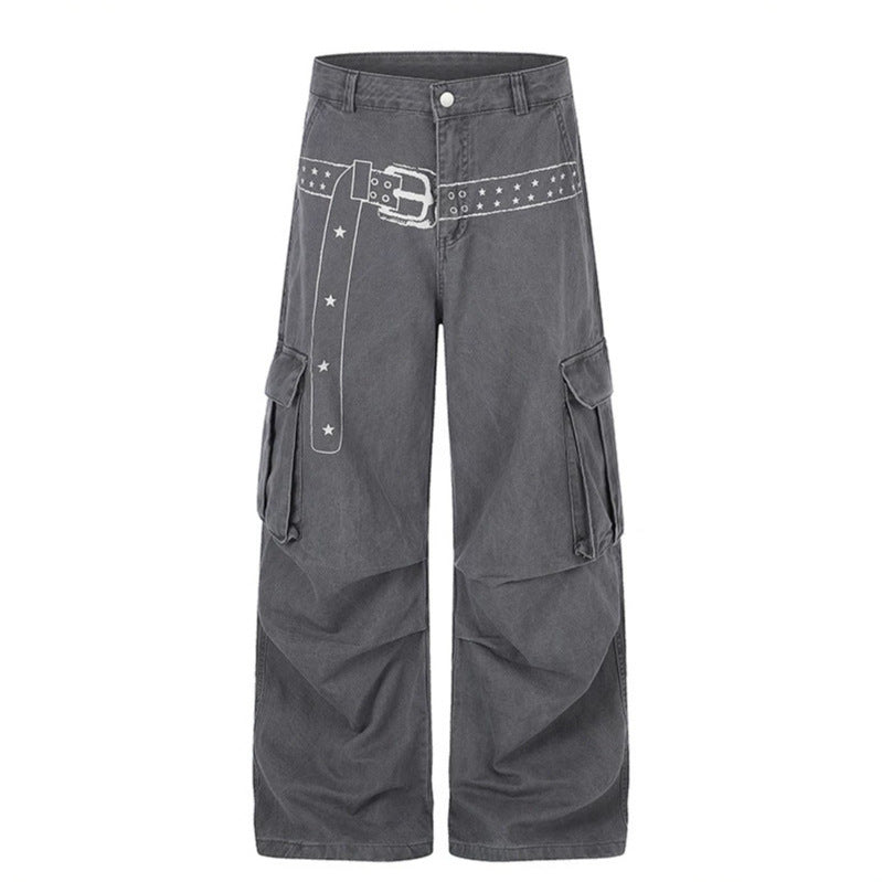 Women's cargo palazzo pants made of cotton blend with wide legs, patch flap pockets and belt print Amarae