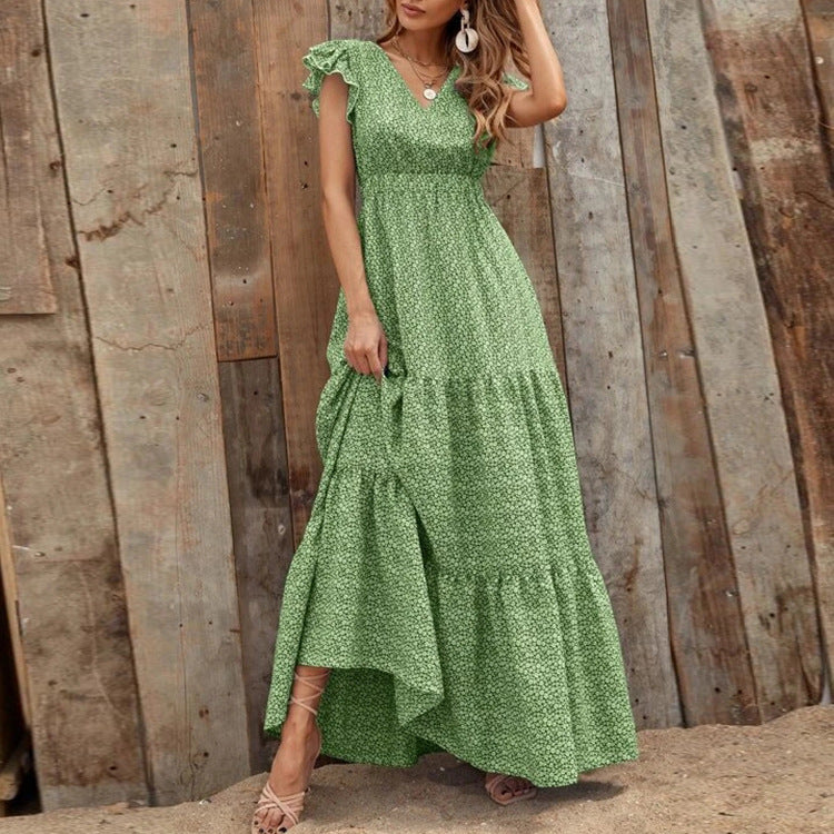 Maxi dress for women with delicate ruffle details and a deeper V neckline Lune London