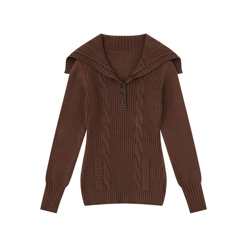 Women's knit sweater with cable pattern, shawl collar and button placket Amarae