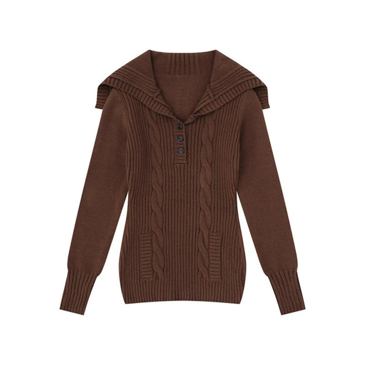 Women's knit sweater with cable pattern, shawl collar and button placket Amarae