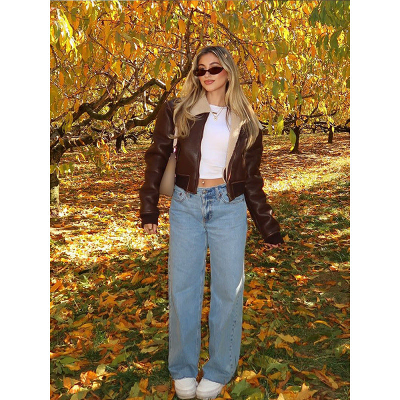 Cropped leather jacket for women with artistic collar Lune London