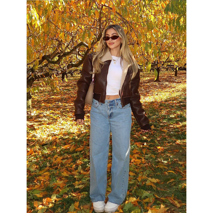 Cropped leather jacket for women with artistic collar Lune London