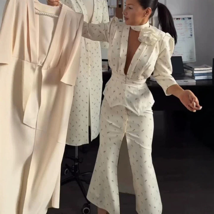 Women tailored pantsuit set with deep V-neck, structured peplum waist and fine floral jacquard Amarae