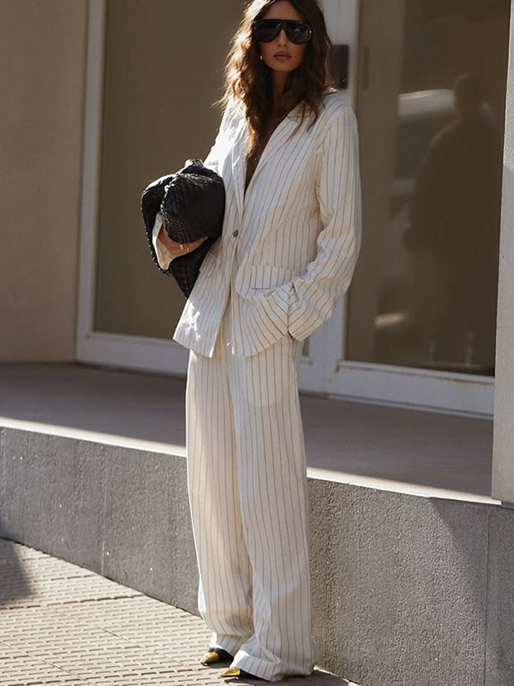 Women's Two-Piece Pinstripe Suit Set with Oversized Blazer and Wide Pleated Trousers Amarae