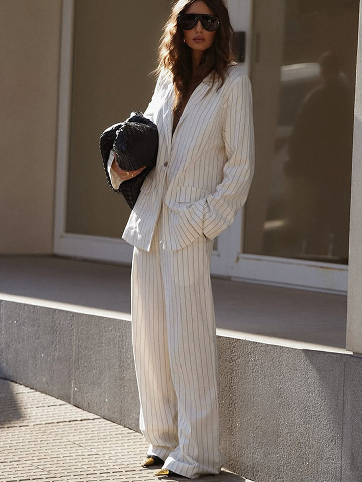 Women's Two-Piece Pinstripe Suit Set with Oversized Blazer and Wide Pleated Trousers Amarae