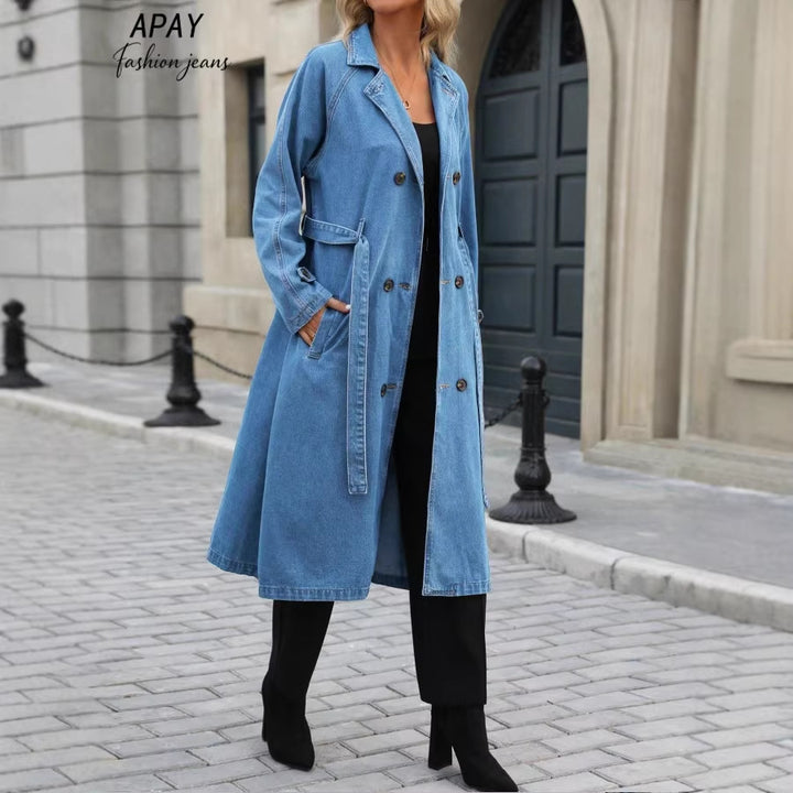 Women Long Denim Trench Coat with Tie Belt and Raglan Sleeves Amarae