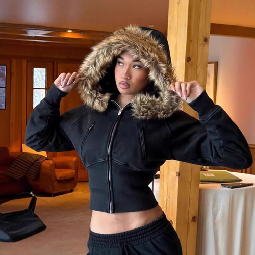 Hooded jacket for women with removable faux fur lining and fitted cut Amarae