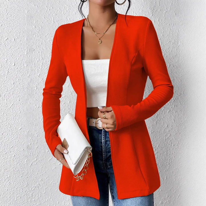Ladies Tailored Long Blazer with V-Neck and One-Button Closure Amarae