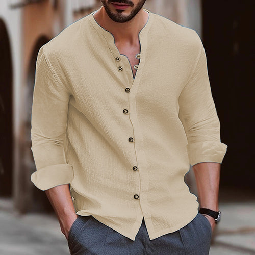 Men's Long Sleeve Henley Shirt in Lightweight Cotton Fabric with Trendy Button Detail Amarae