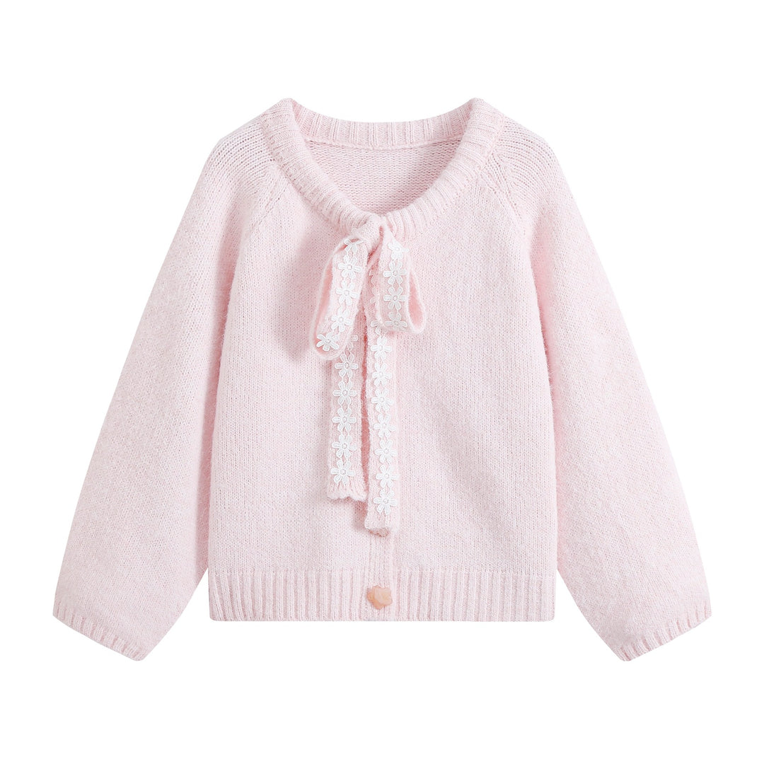Women's chunky knit pullover with floral lace trim at the neckline Amarae