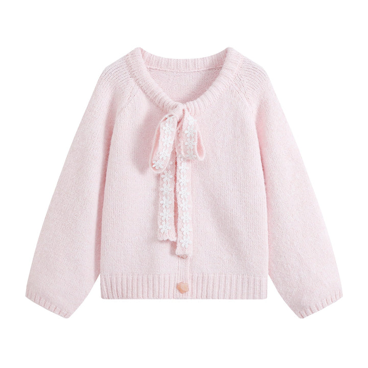 Women's chunky knit pullover with floral lace trim at the neckline Amarae