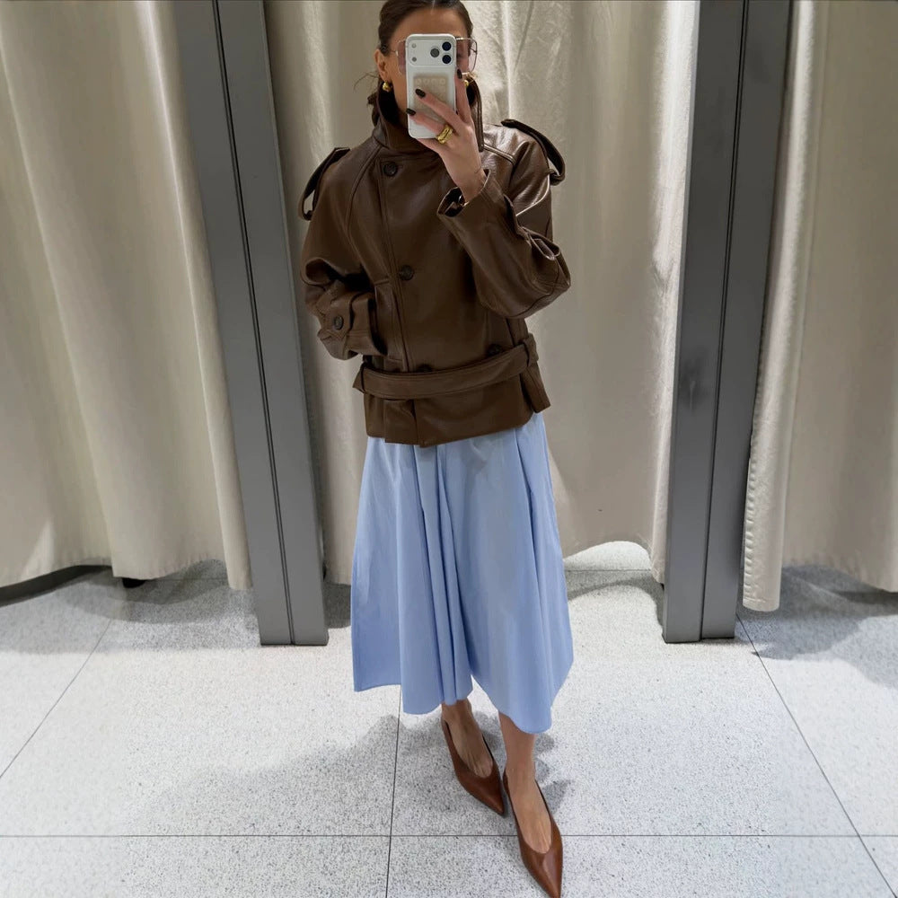 Women’s short cut oversized faux leather trench coat with waist belt and epaulettes Amarae