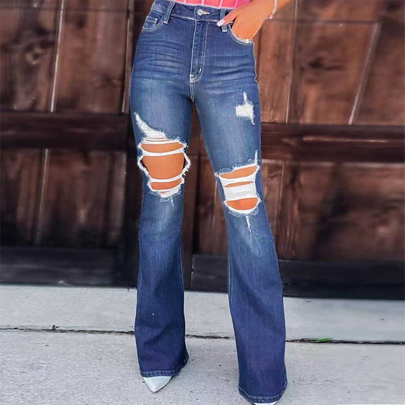 Ladies Flared Jeans with fashionable destroyed effects and high waist Lune London