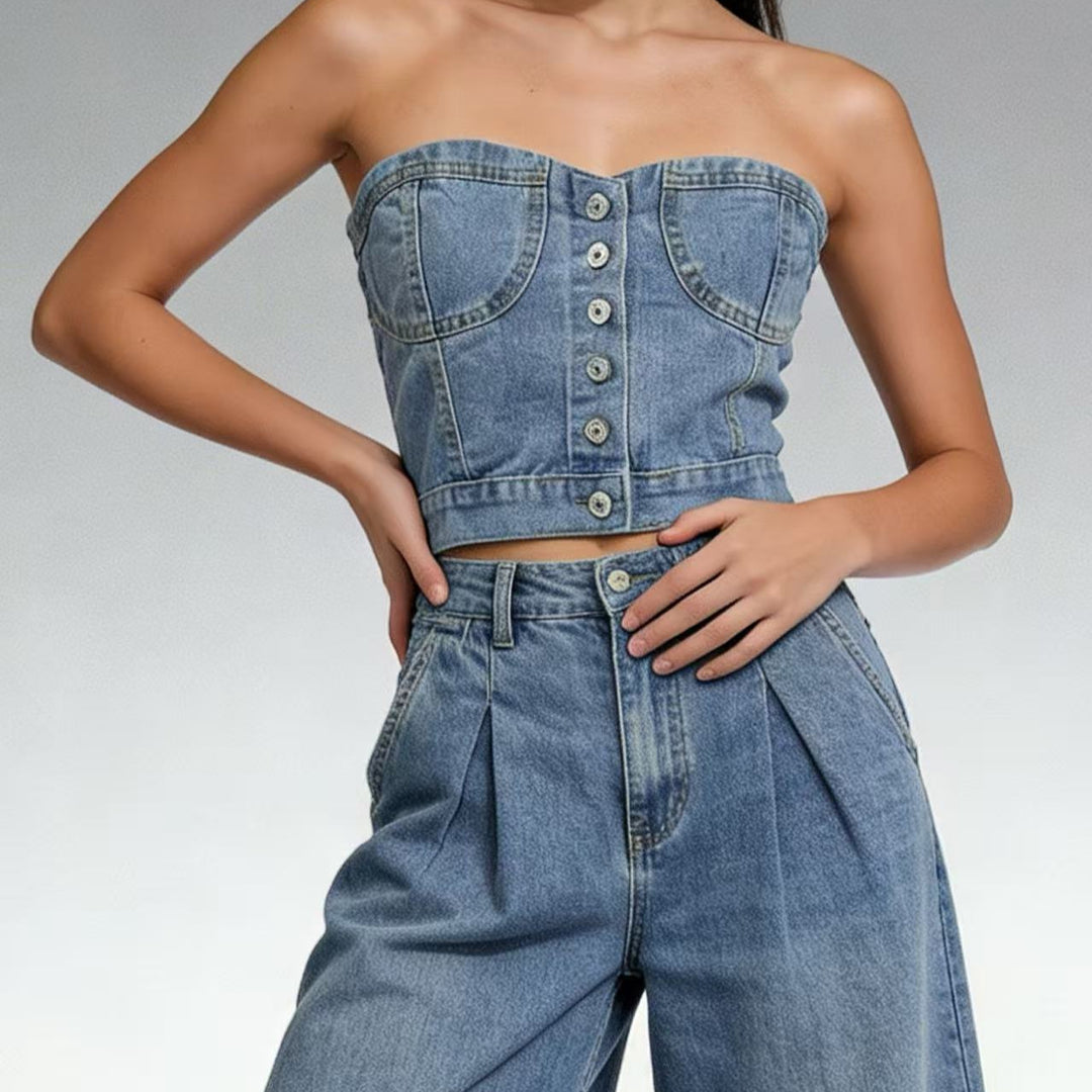 Women's Denim Bustier Top with Button Details and Tailored Fit Lune London