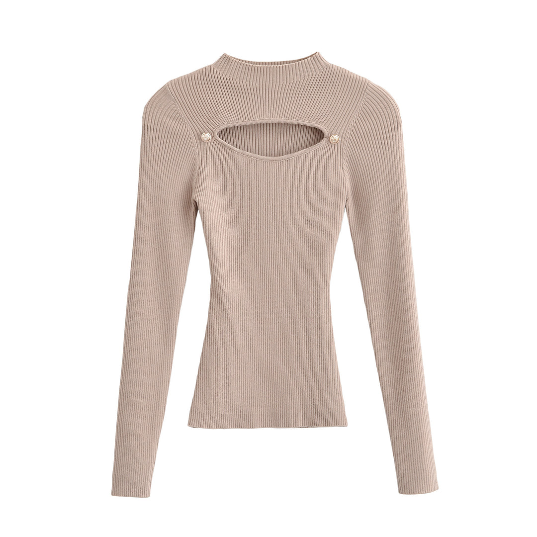 Women's Ribbed Stretch Fine Knit Sweater with Chest Cut-Out and Decorative Buttons Amarae