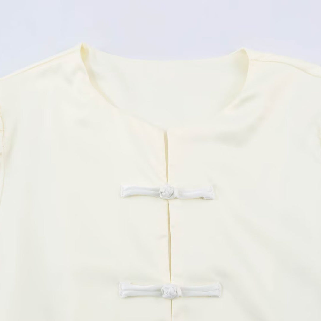 Women’s satin blouse with Chinese knot closures and 3/4 balloon sleeves Amarae