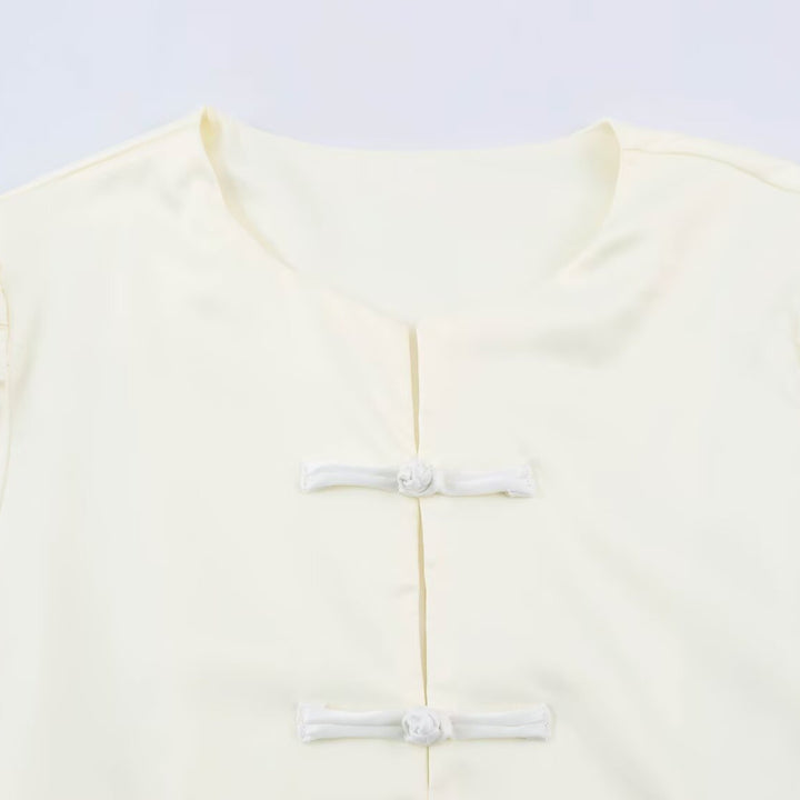 Women’s satin blouse with Chinese knot closures and 3/4 balloon sleeves Amarae