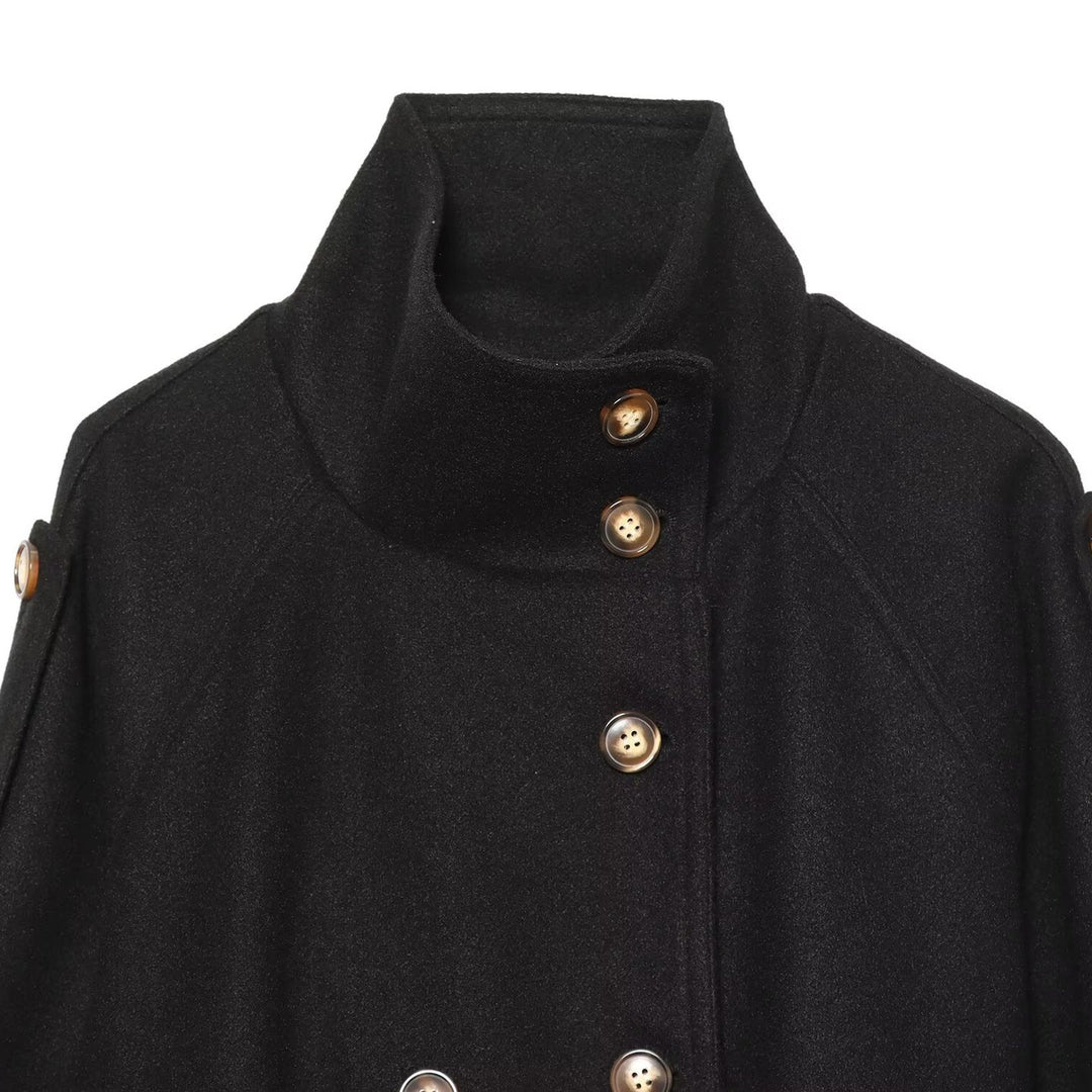 Women Short Double-Breasted Wool Blend Cape Jacket with Stand Collar and Waist Belt Amarae