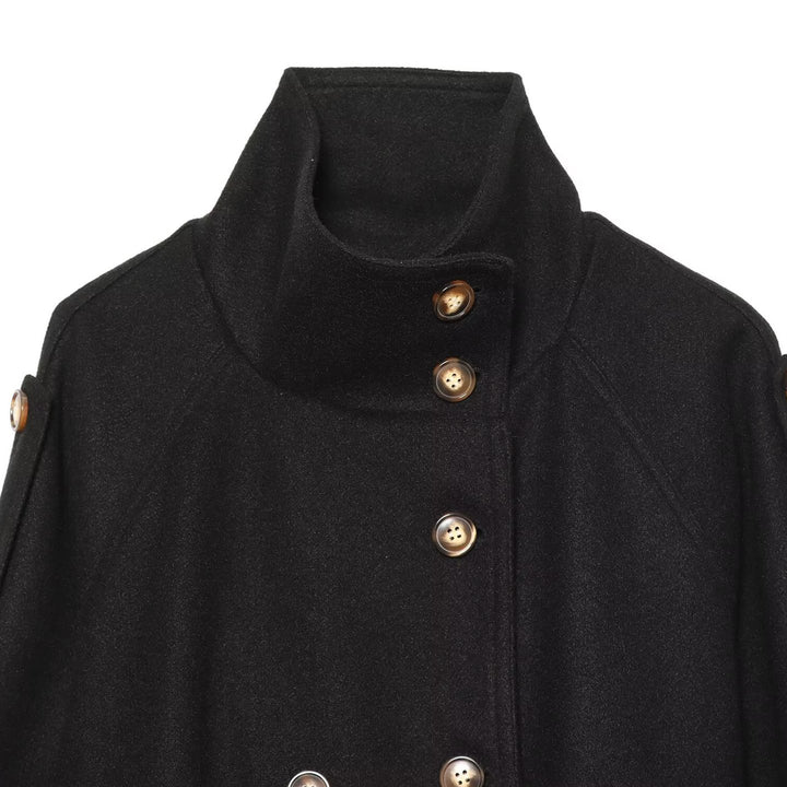 Women Short Double-Breasted Wool Blend Cape Jacket with Stand Collar and Waist Belt Amarae