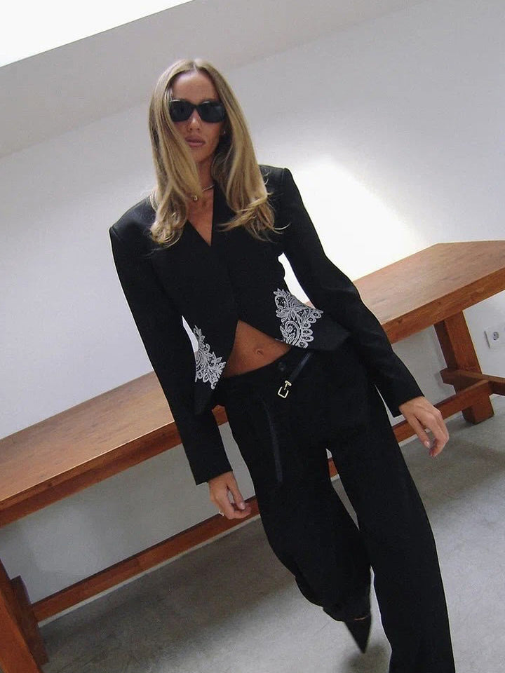 Women's Sculpted Cropped Blazer with Lace Trim and Tailored Silhouette Amarae
