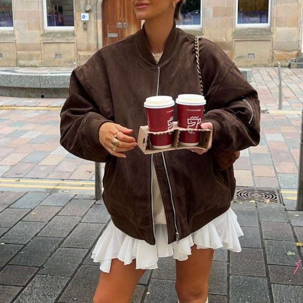 Women's Oversized Suede Bomber Jacket with Zipper & Ribbed Cuffs Amarae
