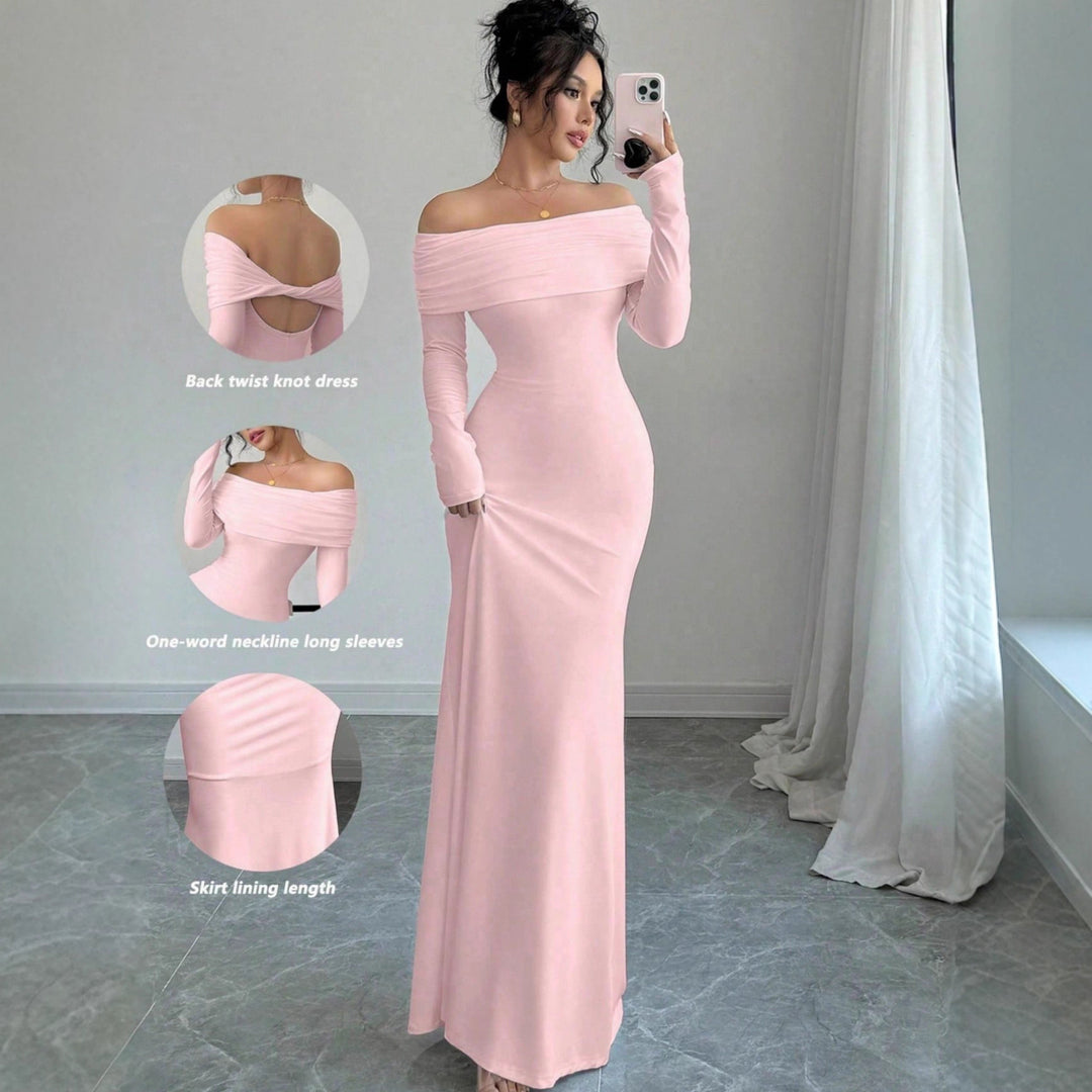 Elegant off-shoulder maxi dress for women with refined details at the back Lune London
