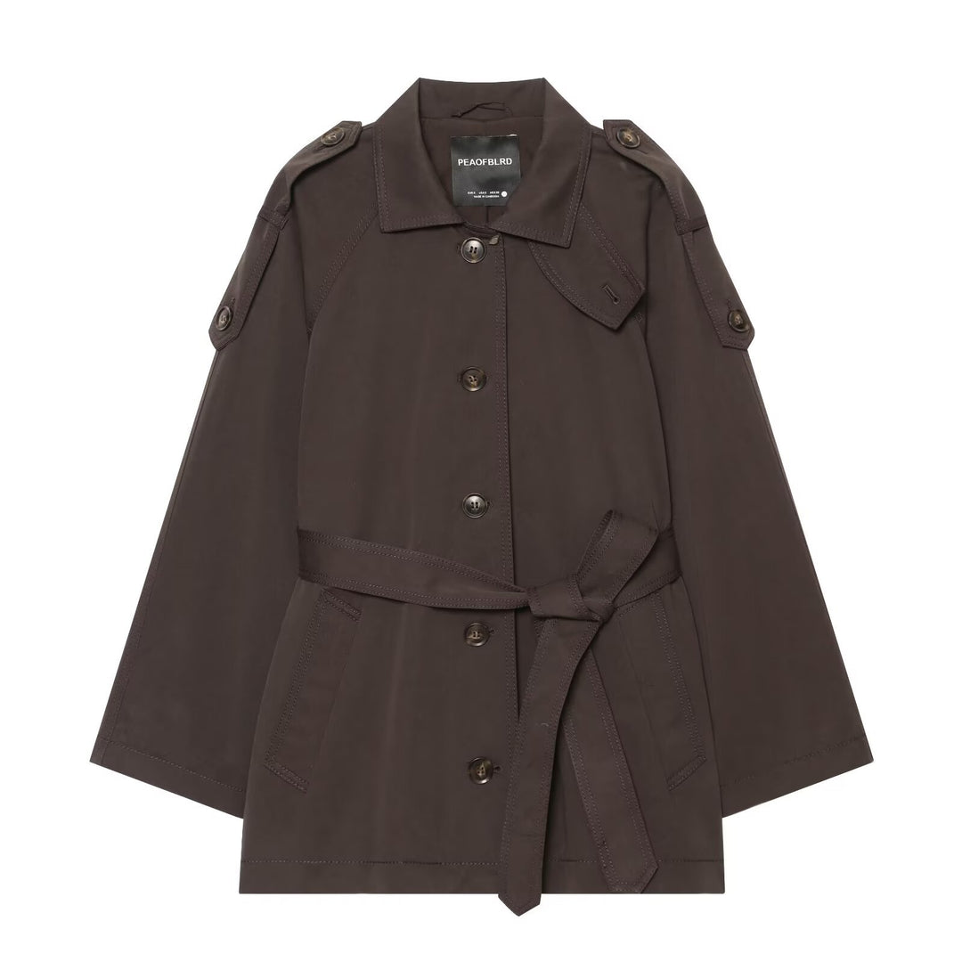 Women Short Trench Cape with Waist Belt, Epaulettes and Patch Pockets Amarae