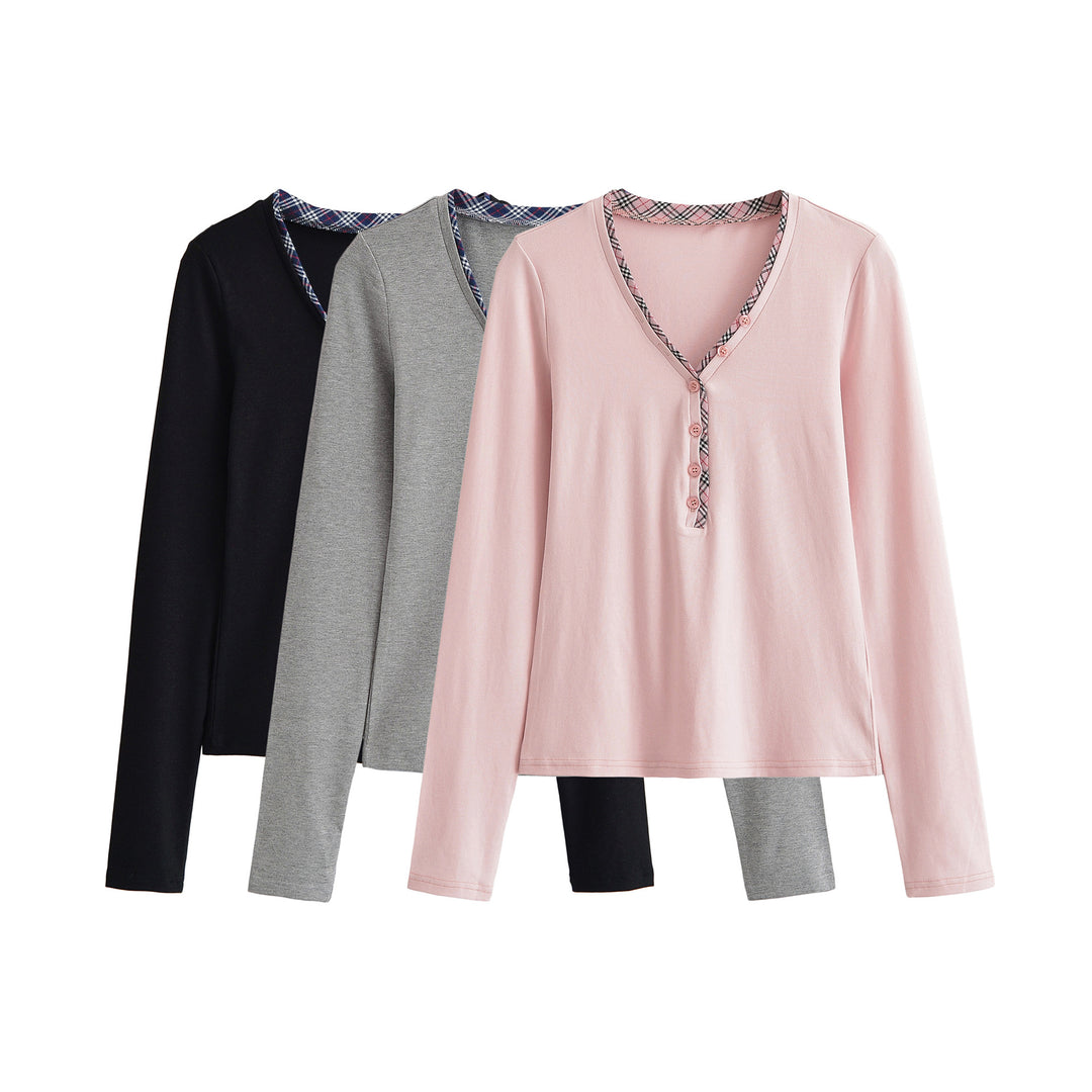 Women's long sleeve shirt with V-neck, button placket and check trim Amarae