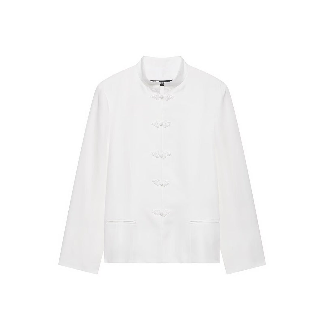 Women's Boxy Short Jacket with Stand-up Collar, Decorative Knot Closures and Welt Pockets Amarae