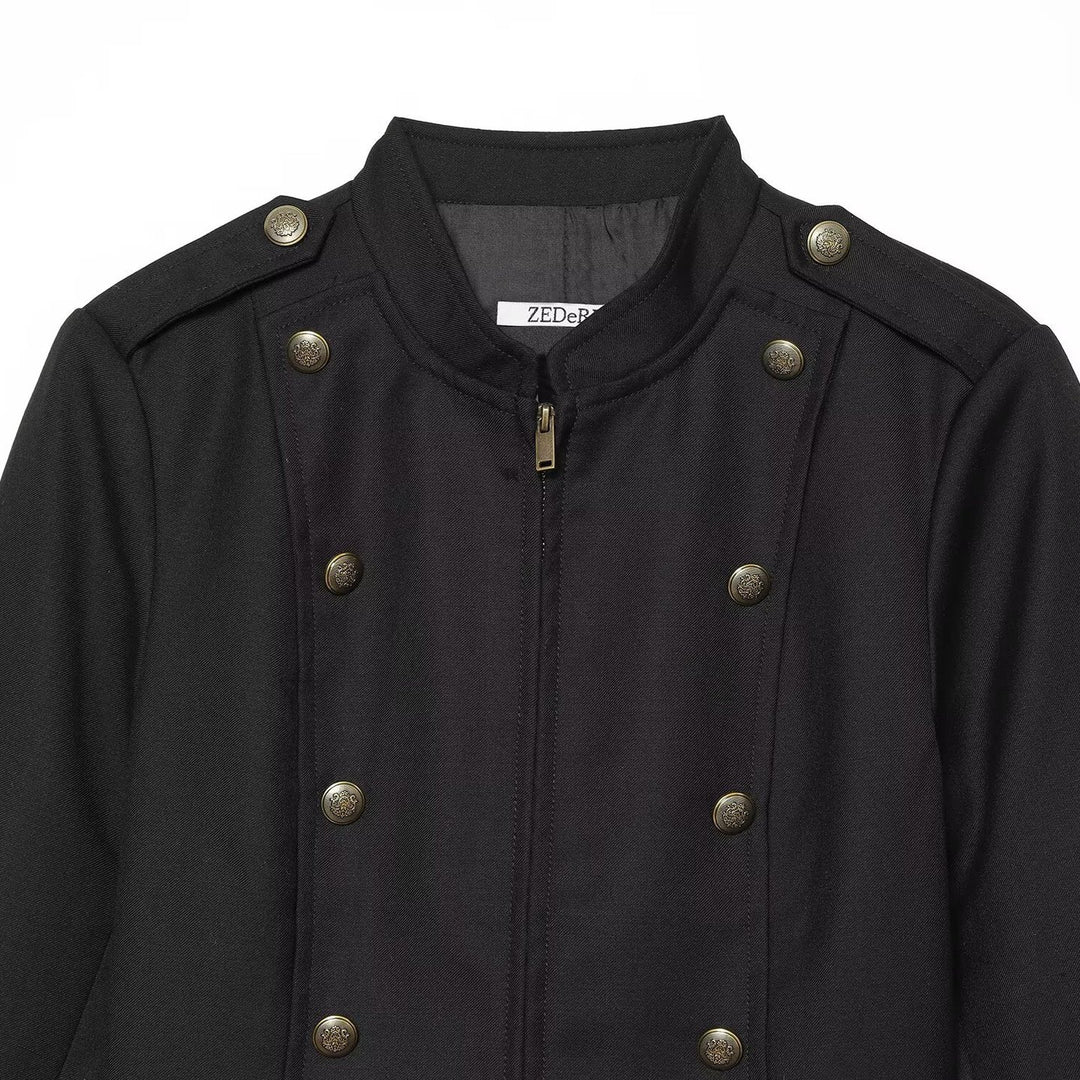 Women's Short Military Jacket in Double-Breasted Style with Stand-Up Collar and Epaulettes Amarae