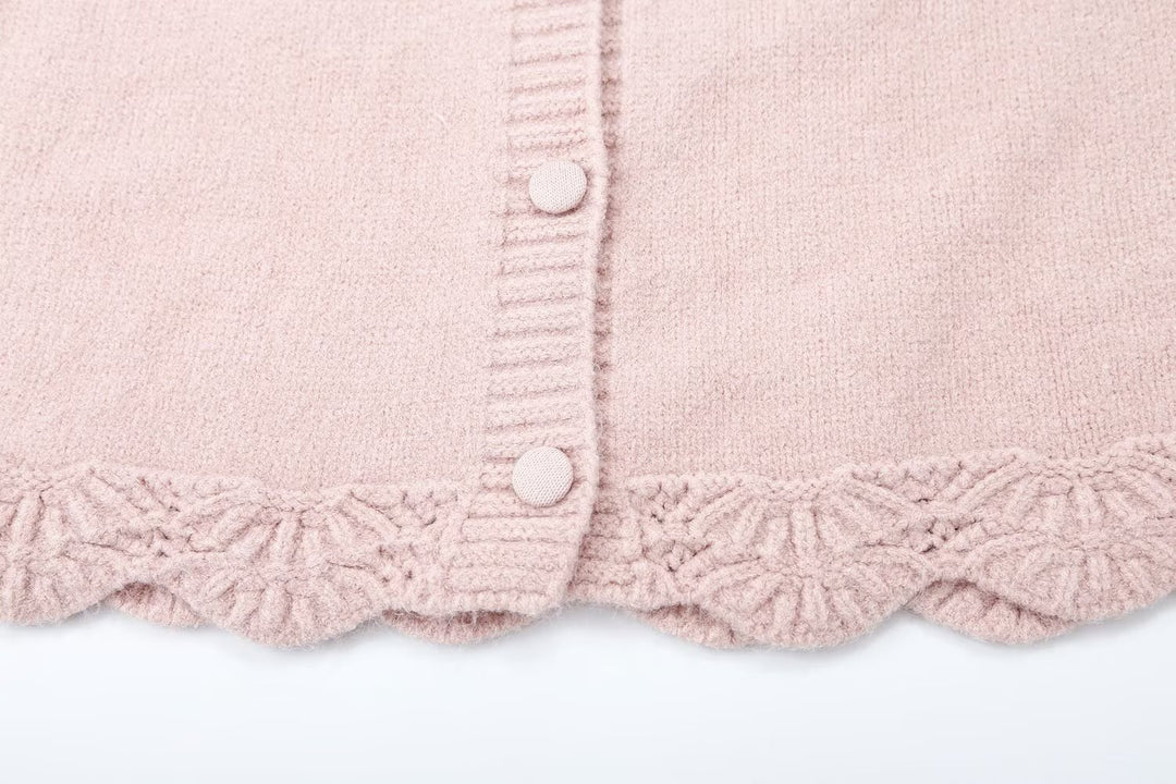 Women's fine knit cardigan with hood, button placket and crocheted trim Amarae