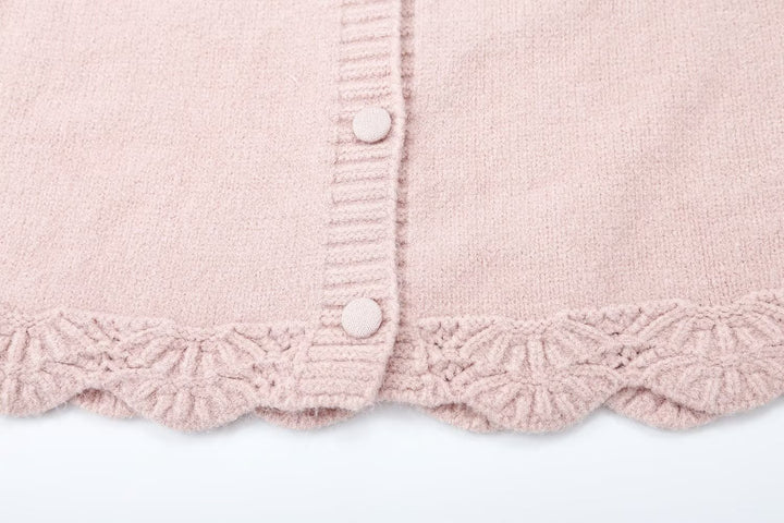Women's fine knit cardigan with hood, button placket and crocheted trim Amarae