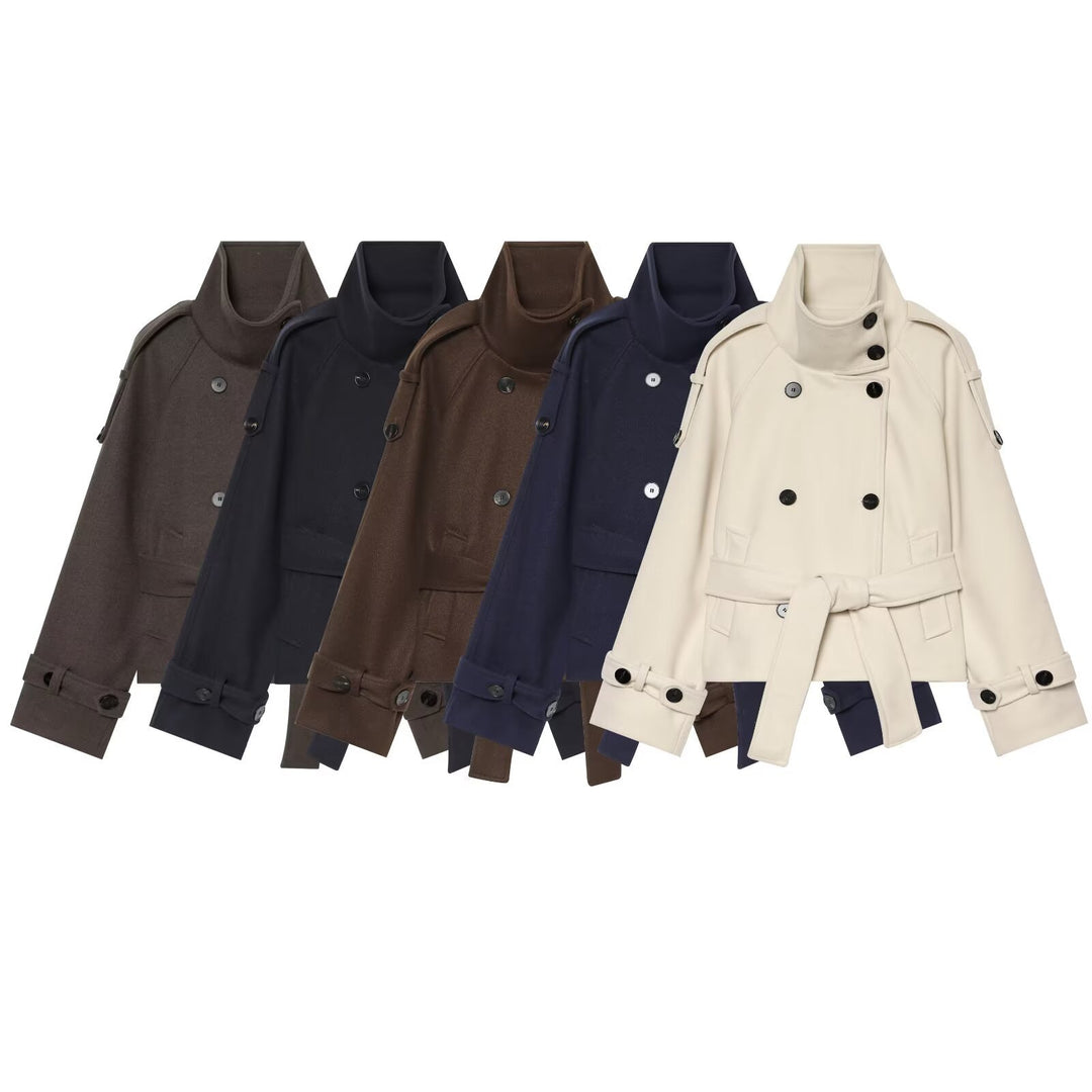 Ladies short cape jacket made of wool blend with high standing collar, double-breasted and tie belt Amarae