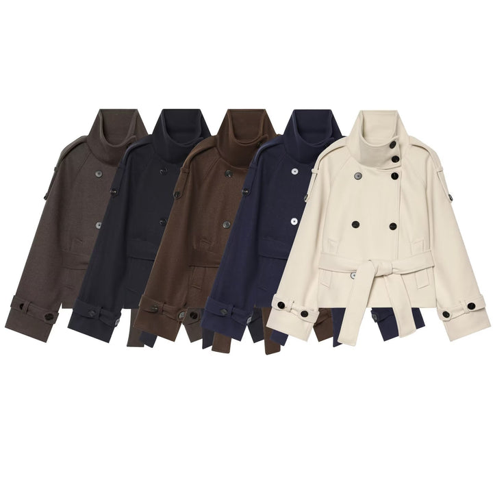 Ladies short cape jacket made of wool blend with high standing collar, double-breasted and tie belt Amarae