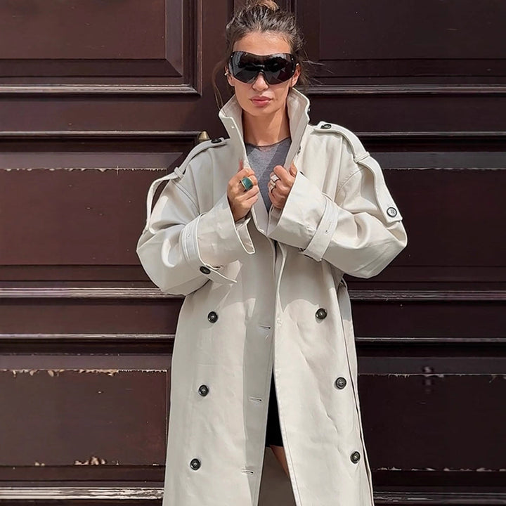 Women's waistless long trench coat in oversized cut with double button placket and shoulder epaulettes Amarae